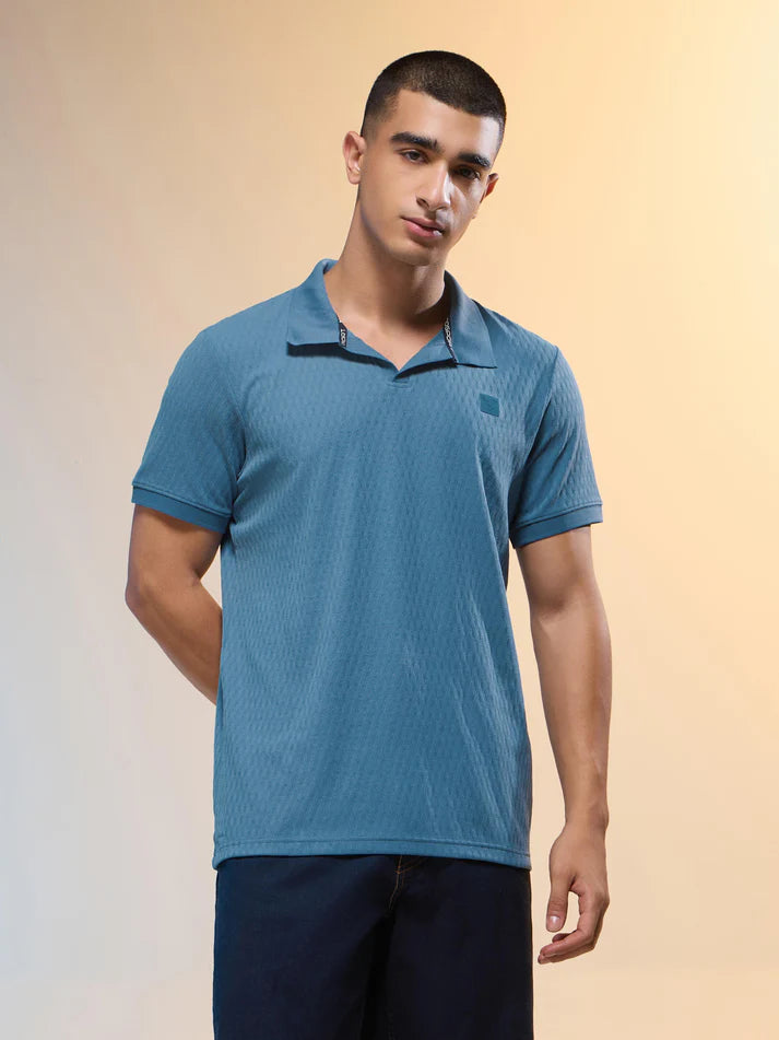 P851 | Men Jacquard Slim Fit Polo Sports T-shirt with COTFLEX  | CAPRI BLUE