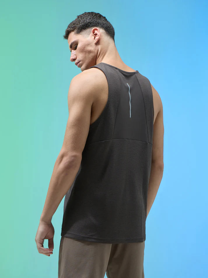 P882 Men Melange Slim Fit Round Neck Sports Innerwear Vest with DOUBLE COOL |Black Olive Melange