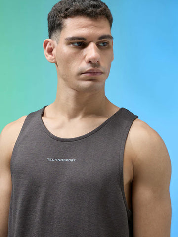 P882 Men Melange Slim Fit Round Neck Sports Innerwear Vest with DOUBLE COOL |Black Olive Melange