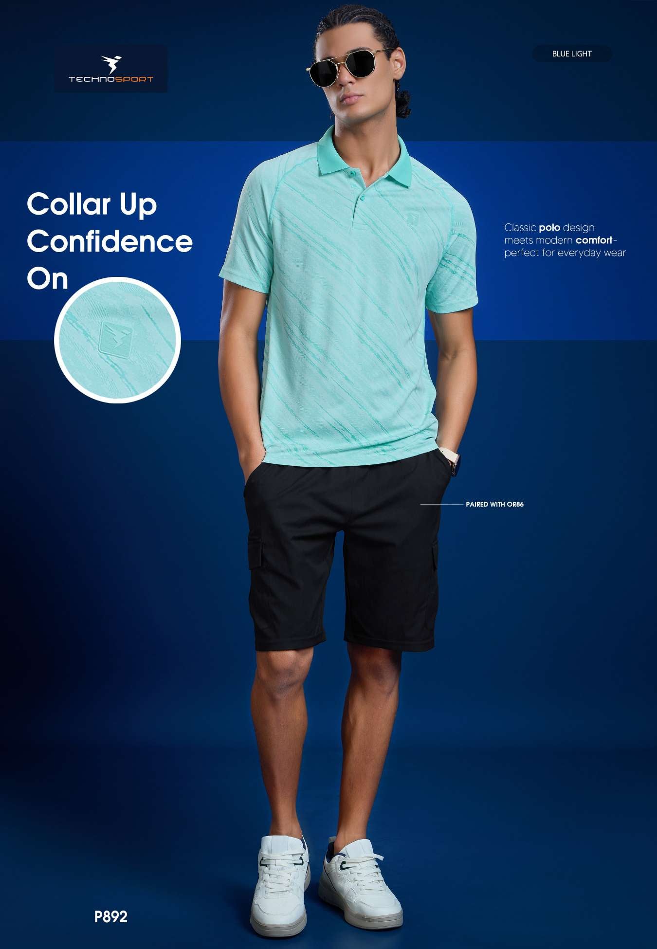 P892 Men Printed Slim Fit Polo T-shirt with DOUBLE COOL | BLUE LIGHT