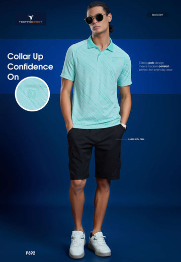 P892 Men Printed Slim Fit Polo T-shirt with DOUBLE COOL | BLUE LIGHT