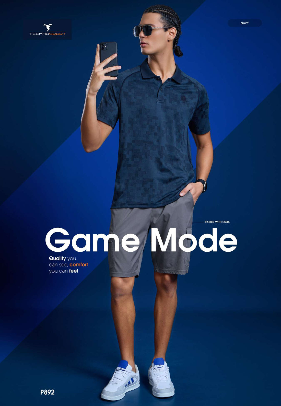 P892 Men Printed Slim Fit Polo T-shirt with DOUBLE COOL | NAVY