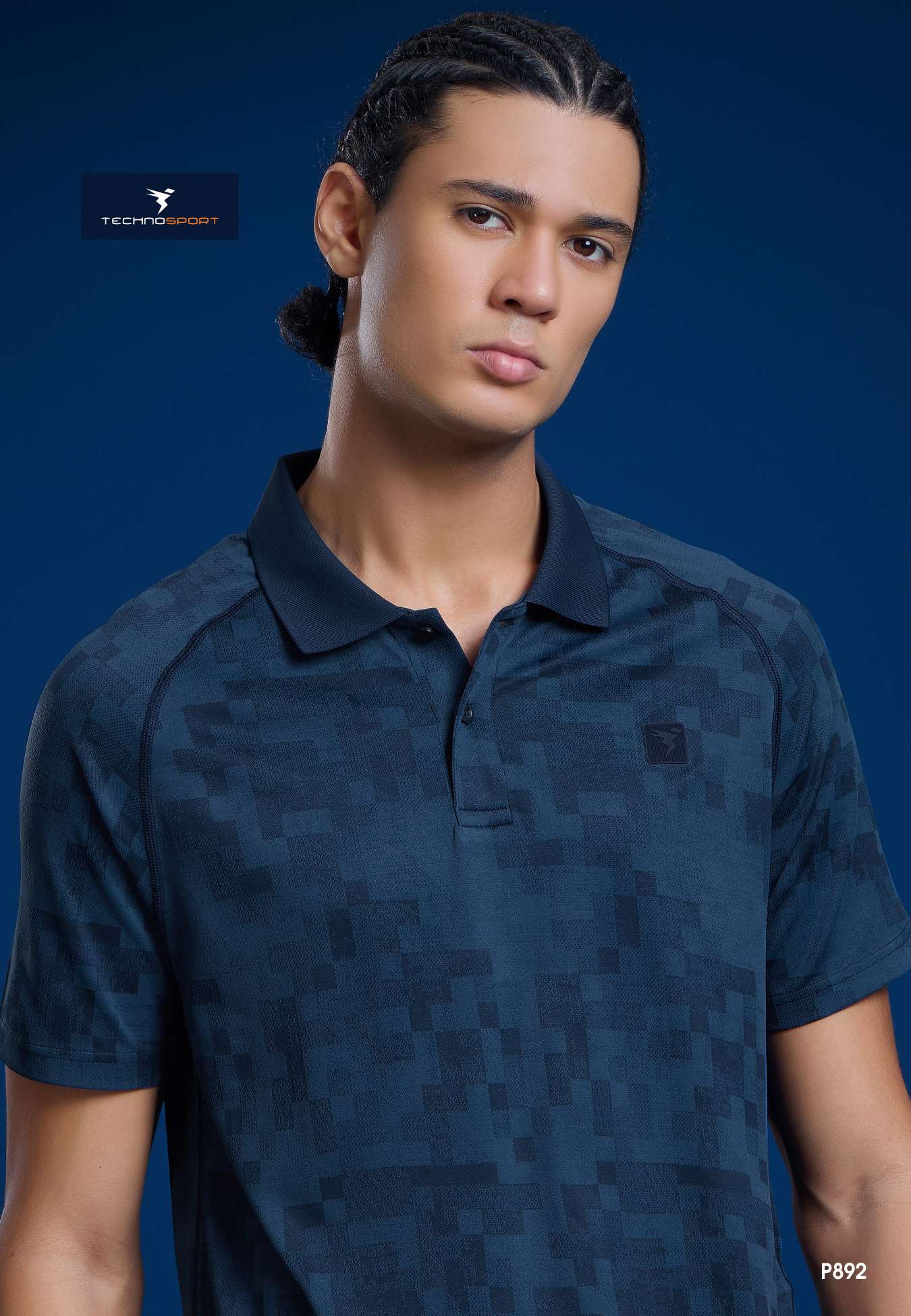 P892 Men Printed Slim Fit Polo T-shirt with DOUBLE COOL | NAVY