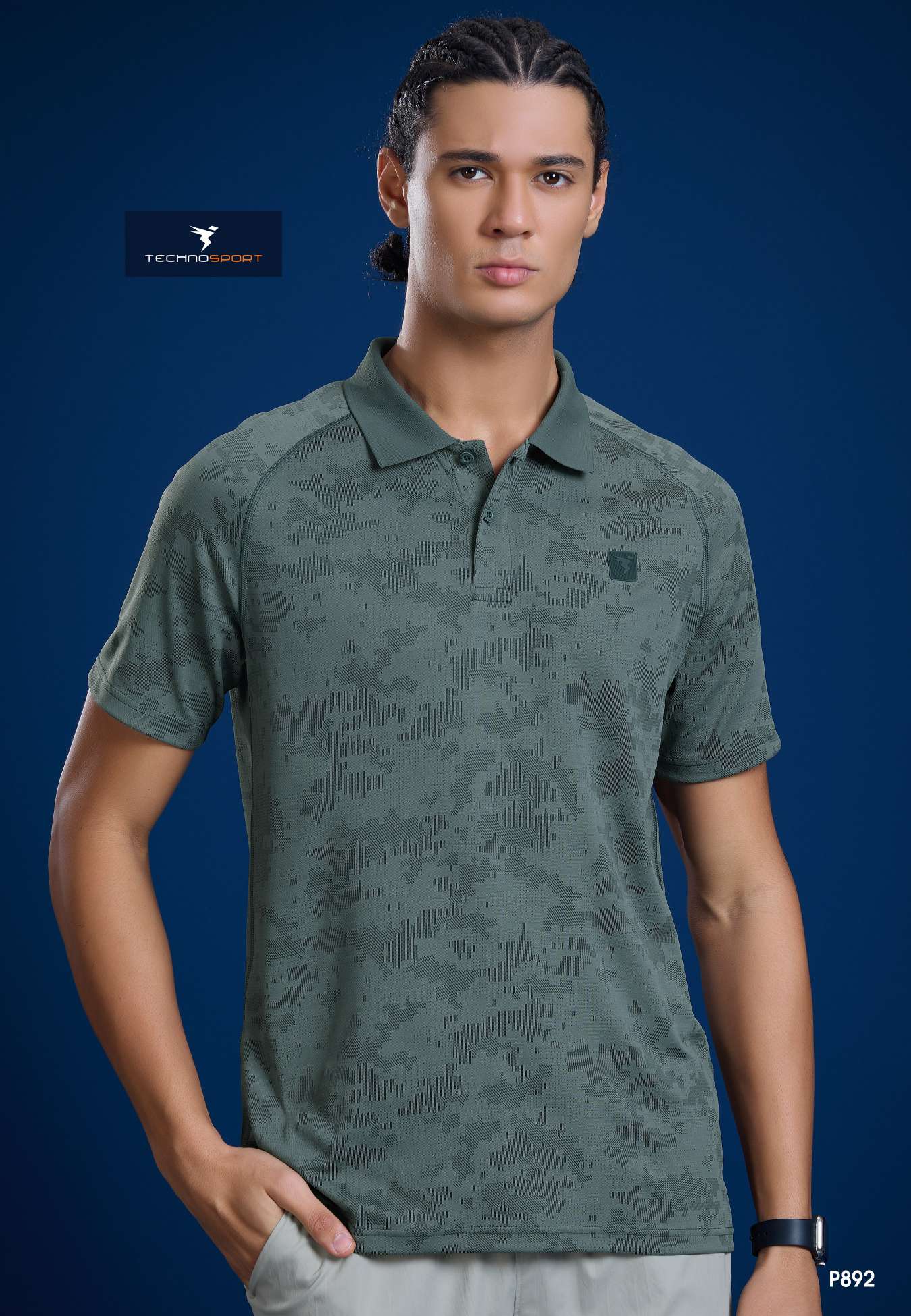 P892 Men Printed Slim Fit Polo T-shirt with DOUBLE COOL | TREKKING GREEN