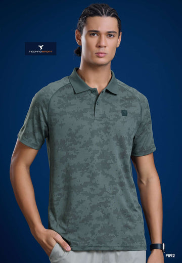 P892 Men Printed Slim Fit Polo T-shirt with DOUBLE COOL | TREKKING GREEN