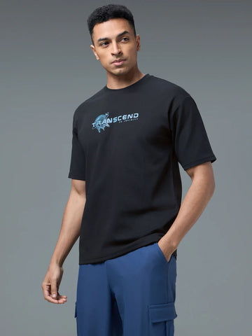 P911 Men Round Neck Typography Printed Active Out Slim Fit T-Shirt with ELASTOPLUS |BLACK
