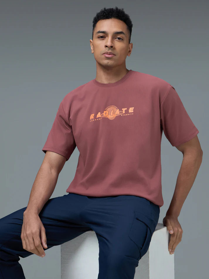 P911 Men Round Neck Typography Printed Active Out Slim Fit T-Shirt with ELASTOPLUS | MARSALA