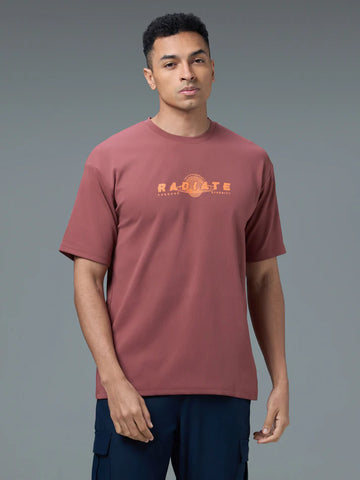 P911 Men Round Neck Typography Printed Active Out Slim Fit T-Shirt with ELASTOPLUS | MARSALA