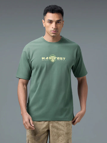 P911 Men Round Neck Typography Printed Active Out Slim Fit T-Shirt with ELASTOPLUS | MYRTLE