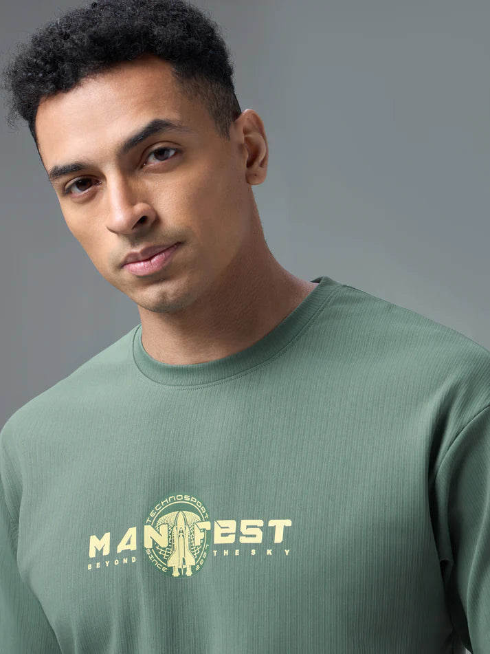 P911 Men Round Neck Typography Printed Active Out Slim Fit T-Shirt with ELASTOPLUS | MYRTLE