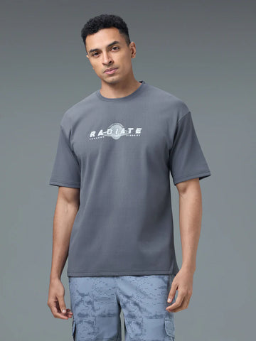 P911 Men Round Neck Typography Printed Active Out Slim Fit T-Shirt with ELASTOPLUS | VINTAGE INDIGO
