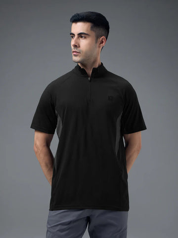 P922 Men Colorblock Slim Fit Mock Neck Sports T-shirt with COTFLEX | BLACK