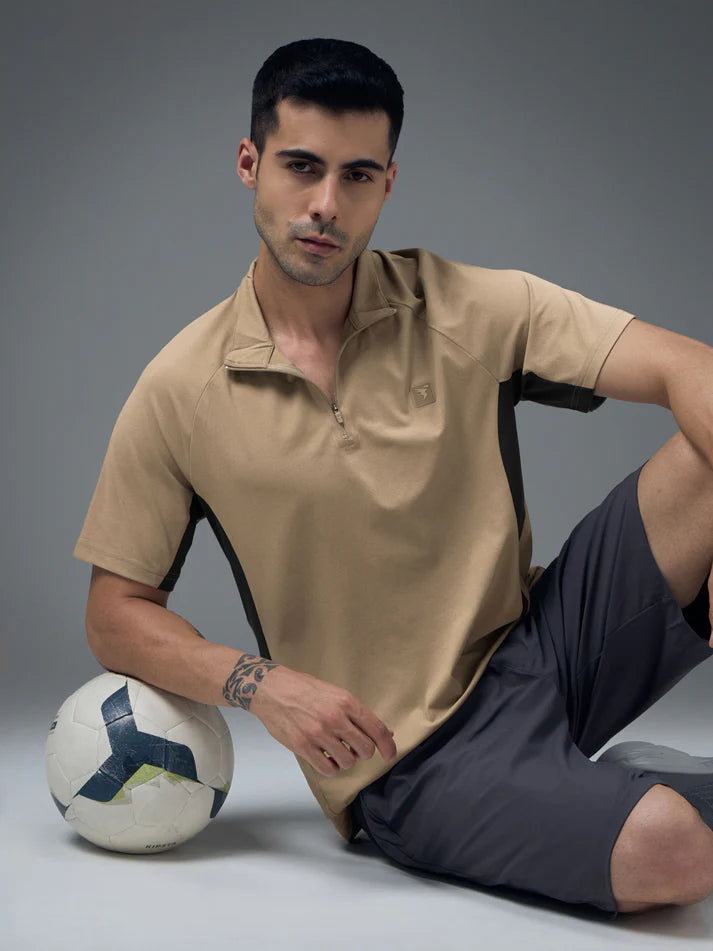 P922 Men Colorblock Slim Fit Mock Neck Sports T-shirt with COTFLEX | KHAKI