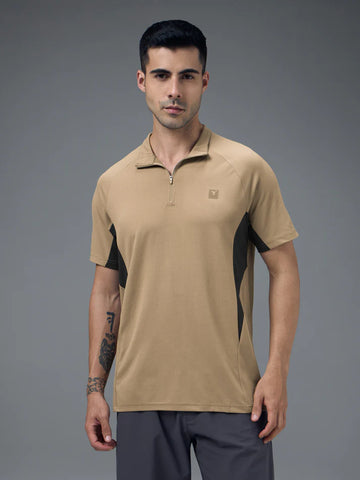 P922 Men Colorblock Slim Fit Mock Neck Sports T-shirt with COTFLEX | KHAKI